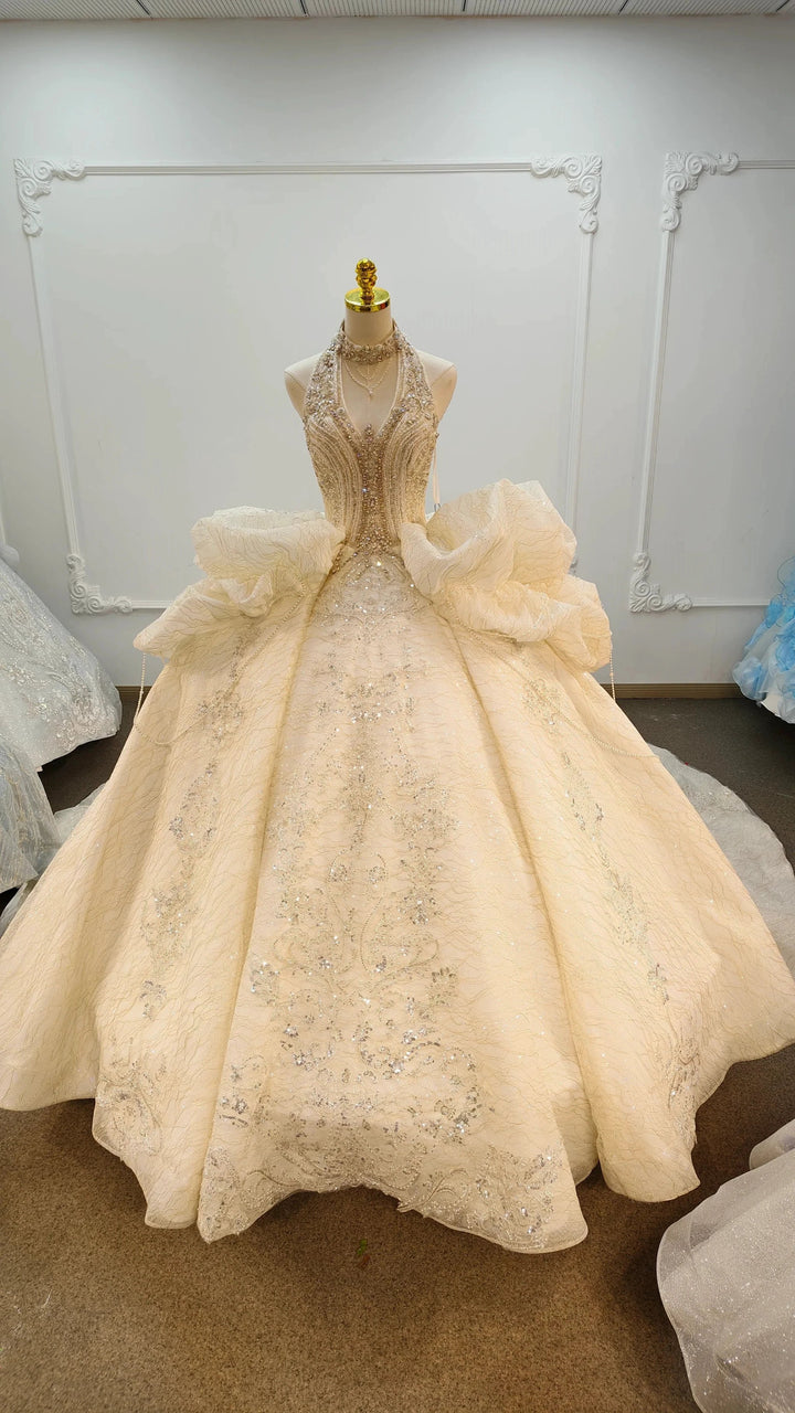 Lavish Halter-Neck Ball Gown Wedding Dress with Pearl Crystal Embroidery &amp; Ruffled Tulle Skirt Ye-2034 by ZAPDRESS