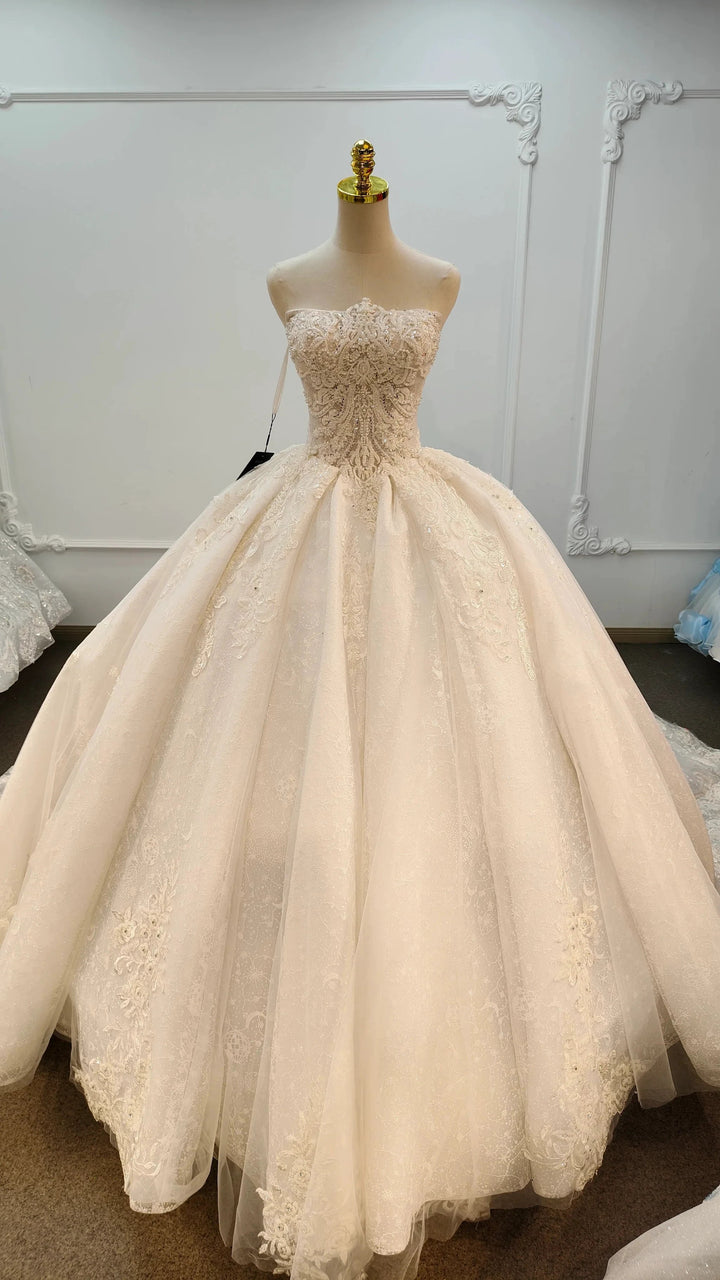 Opulent Strapless Ball Gown Wedding Dress with Pearl Beaded Lace, Sequin Tulle &amp; Corset Lace-Up Back Ye-2030 by ZAPDRESS