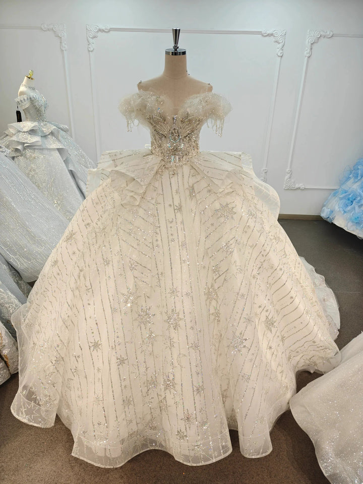 Ivory Starlight Off-Shoulder Ballgown Celestial Sequin Skirt &amp; Beaded Tassel Bodice by ZAPDRESS