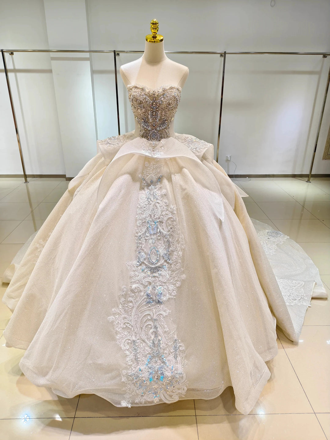 Ivory Glimmer Strapless Ballgown: Iridescent Beaded Bust &amp; Flowing Train by ZAPDRESS