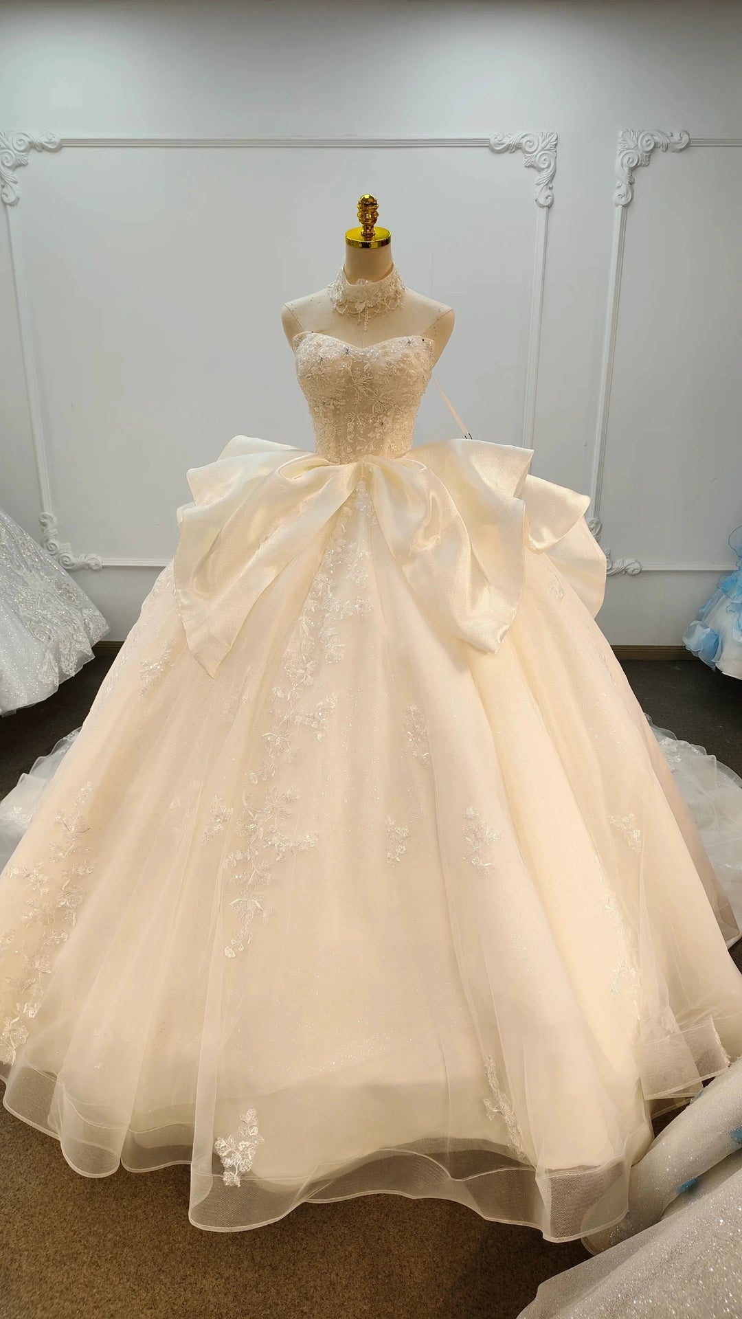 Ivory Lace Strapless Ballgown Choker Collar &amp; Bow Skirt by ZAPDRESS