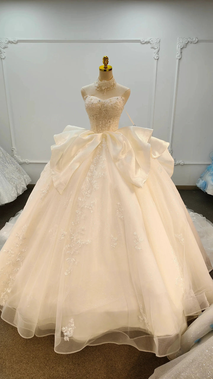 Ivory Lace Strapless Ballgown Choker Collar &amp; Bow Skirt by ZAPDRESS