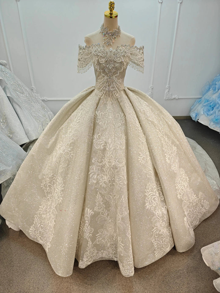 Champagne Glimmer Off-Shoulder Ballgown Crystal Fringe Bust &amp; Embroidered Train by ZAPDRESS
