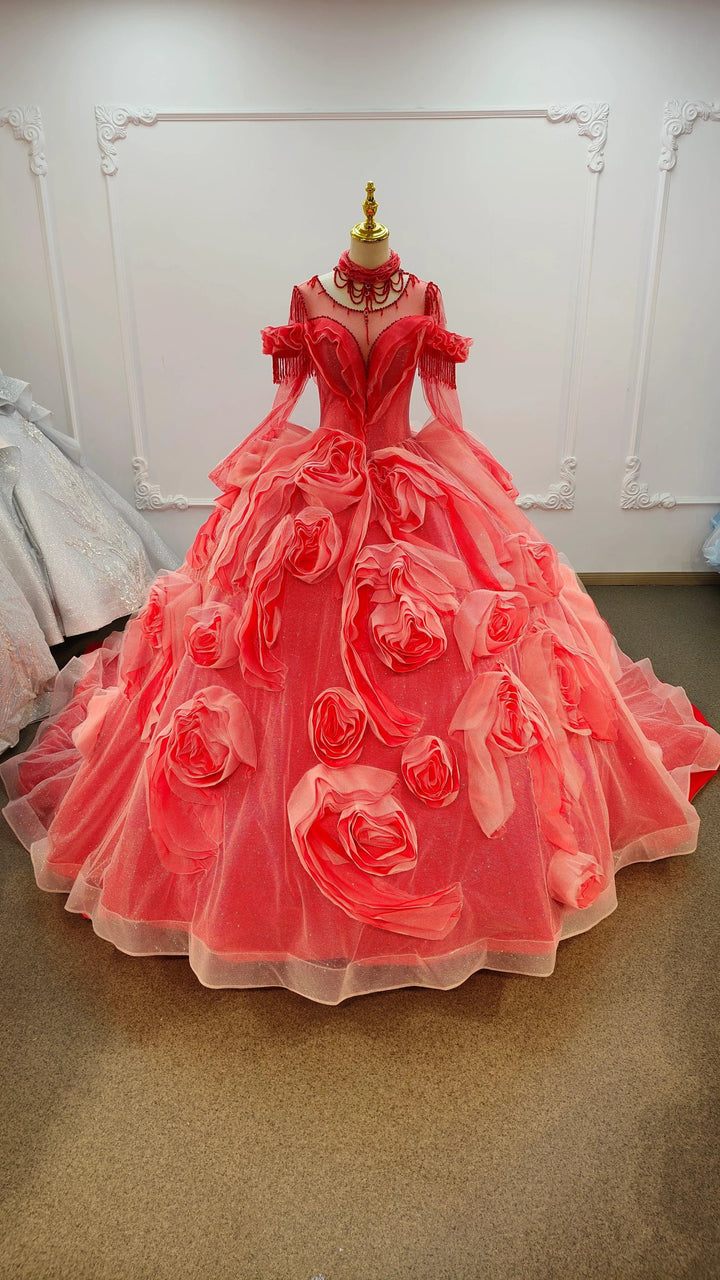 Vibrant Coral Red Off-the-Shoulder Ball Gown Wedding Dress with 3D Rose Appliqués &amp; Beaded Tassels Ye-2036 by ZAPDRESS