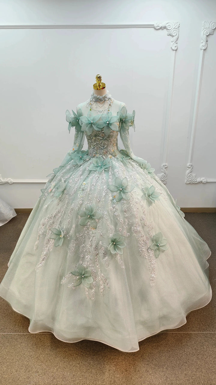 Fairy-Tale Mint Green High-Neck Ball Gown Wedding Dress with 3D Organza Flowers &amp; Crystal Embroidery Ye-2025 by ZAPDRESS