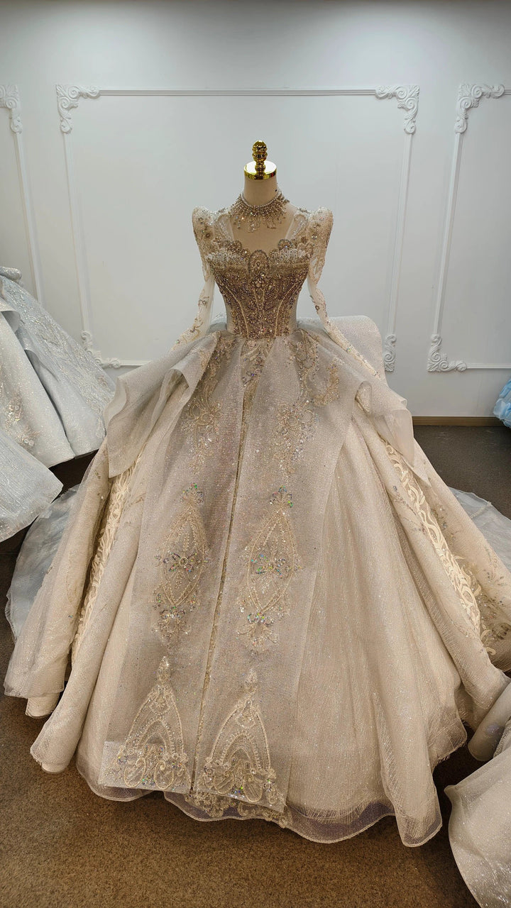 Gorgeous High-Neck Sequin Ball Gown Wedding Dress with Crystal Embroidery &amp; Sheer Long Sleeves Ye-2021 by ZAPDRESS