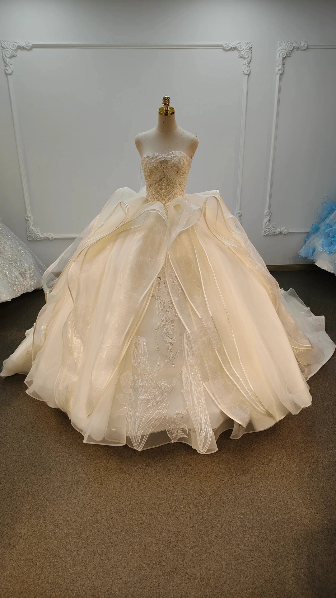 Romantic Sweetheart Strapless Ball Gown Wedding Dress with Crystal Floral Embroidery &amp; Tulle Ruffles Ye-2023 by ZAPDRESS