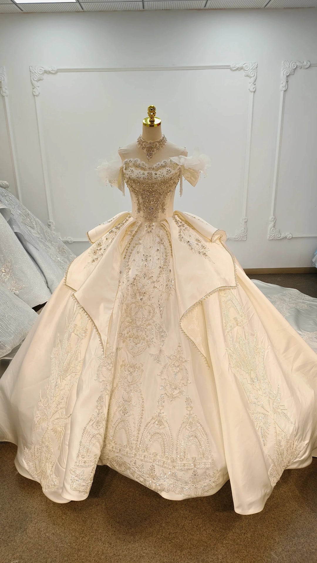 Champagne Glimmer Off-Shoulder Ballgown Crystal-Embroidered Skirt &amp; Fringed Collar by ZAPDRESS