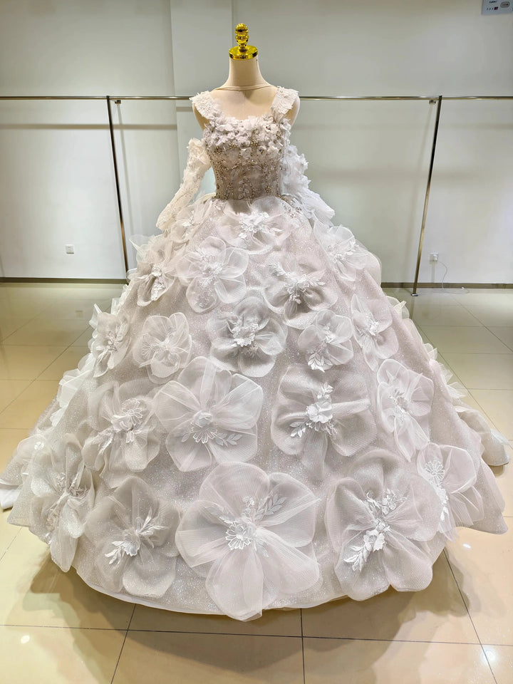 Ivory Petal Whisper Ballgown Organza Floral Bust &amp; Bloom Train by ZAPDRESS