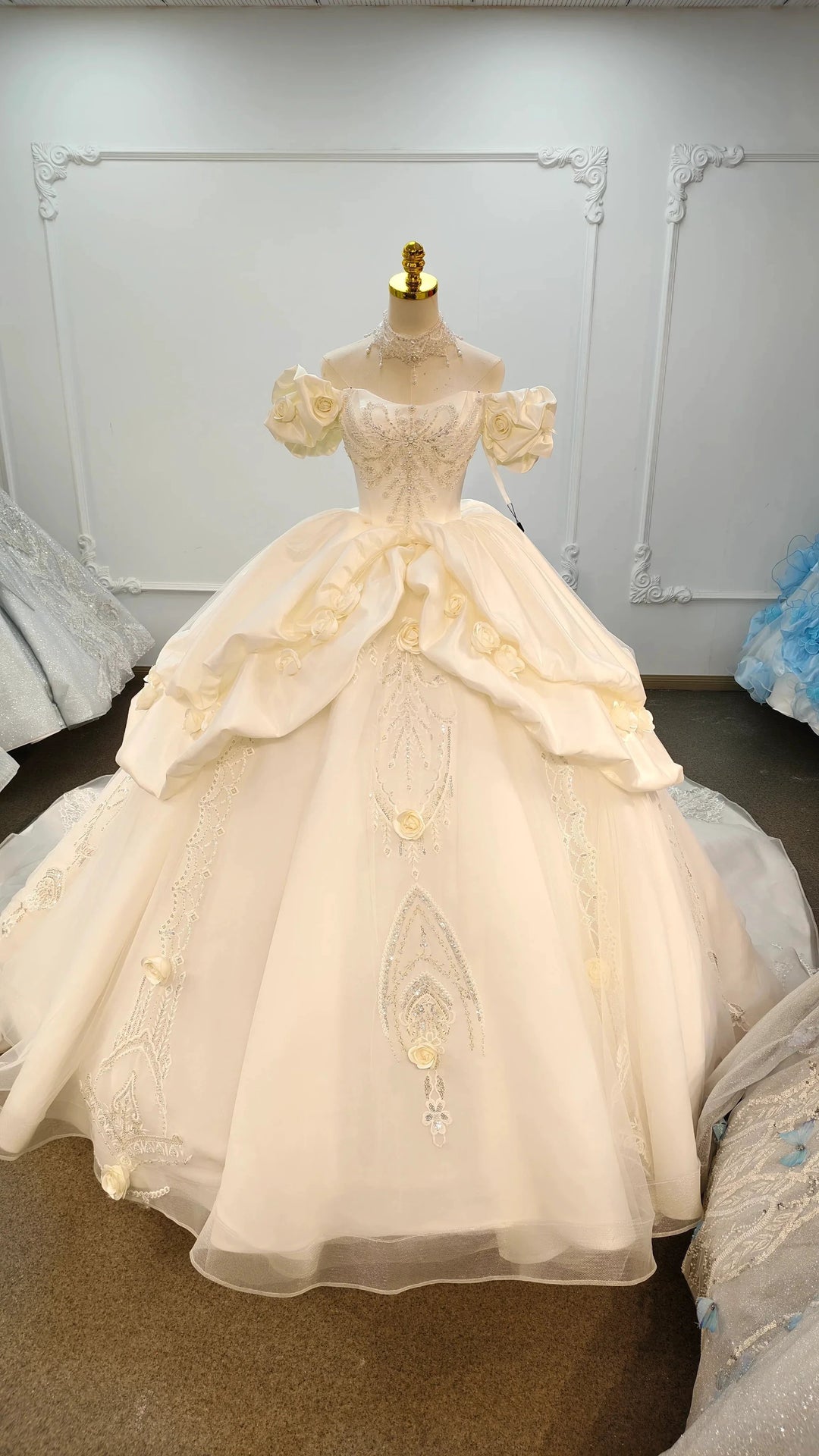 Ivory Rose Off-Shoulder Ballgown Beaded Bust &amp; 3D Flower Skirt by ZAPDRESS