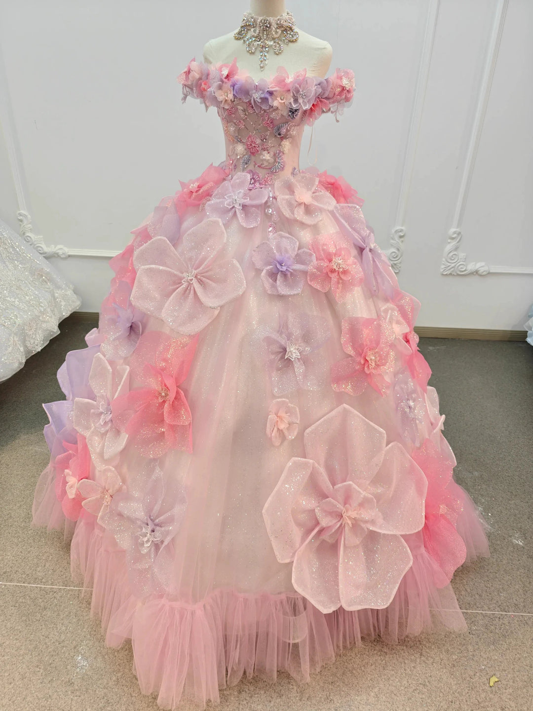 Enchanting Pastel Pink &amp; Purple Off-the-Shoulder Ball Gown Wedding Dress with 3D Glitter Flowers &amp; Crystal Collar Ye-2027 by ZAPDRESS