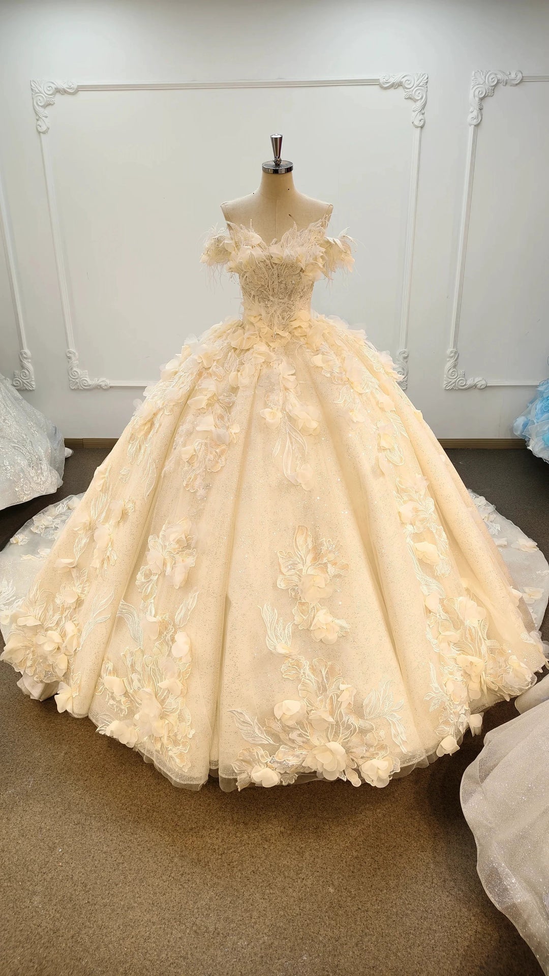 Ethereal Off-the-Shoulder Ball Gown Wedding Dress with 3D Floral Appliqués, Pearl Beading &amp; Glitter Tulle Ye-2038 by ZAPDRESS