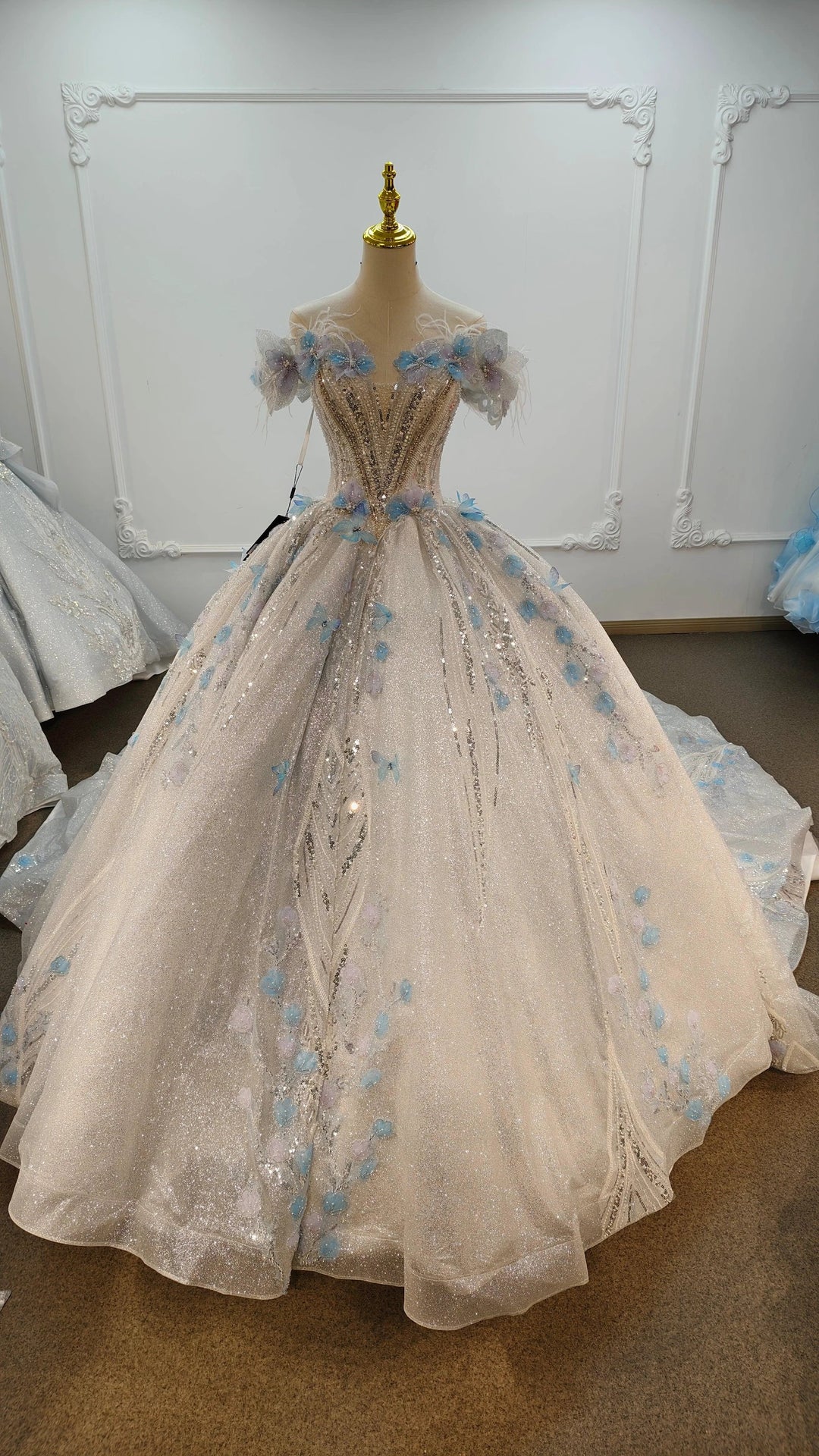 Ethereal Off-the-Shoulder Ball Gown Wedding Dress with Sequin Tulle, 3D Pastel Florals &amp; Feather Accents Ye-2028 by ZAPDRESS