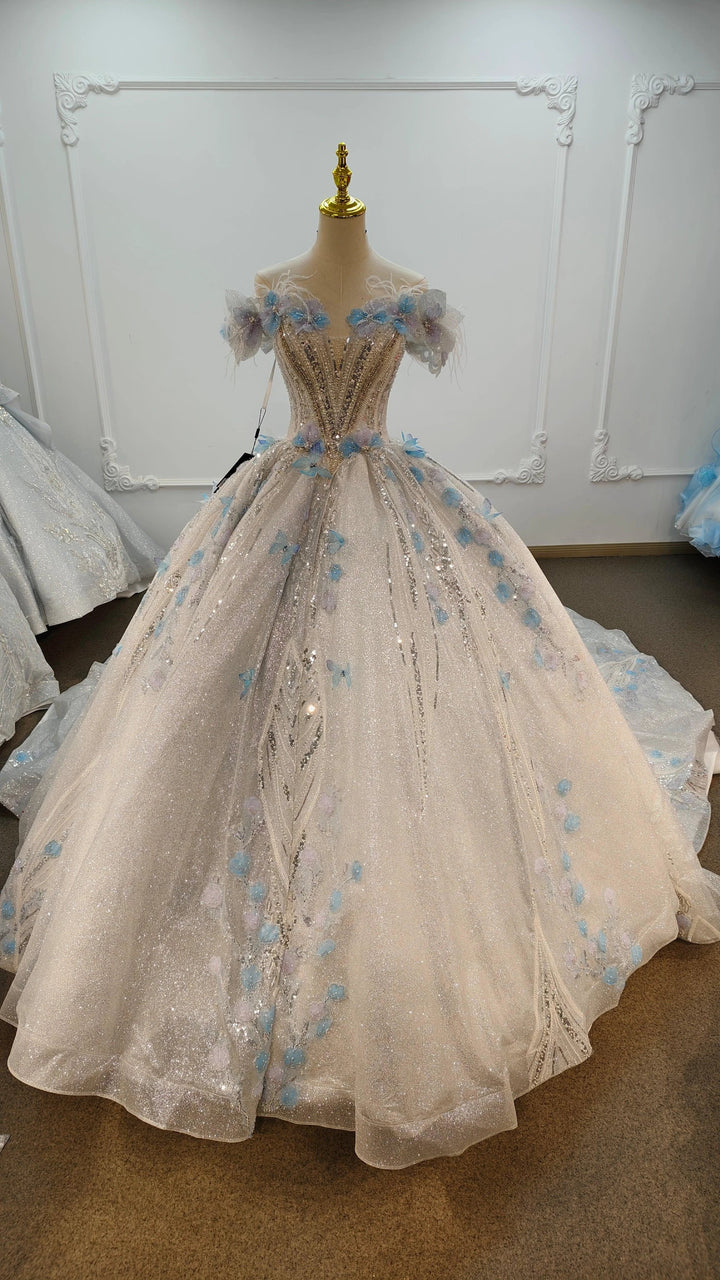 Ethereal Off-the-Shoulder Ball Gown Wedding Dress with Sequin Tulle, 3D Pastel Florals &amp; Feather Accents Ye-2028 by ZAPDRESS