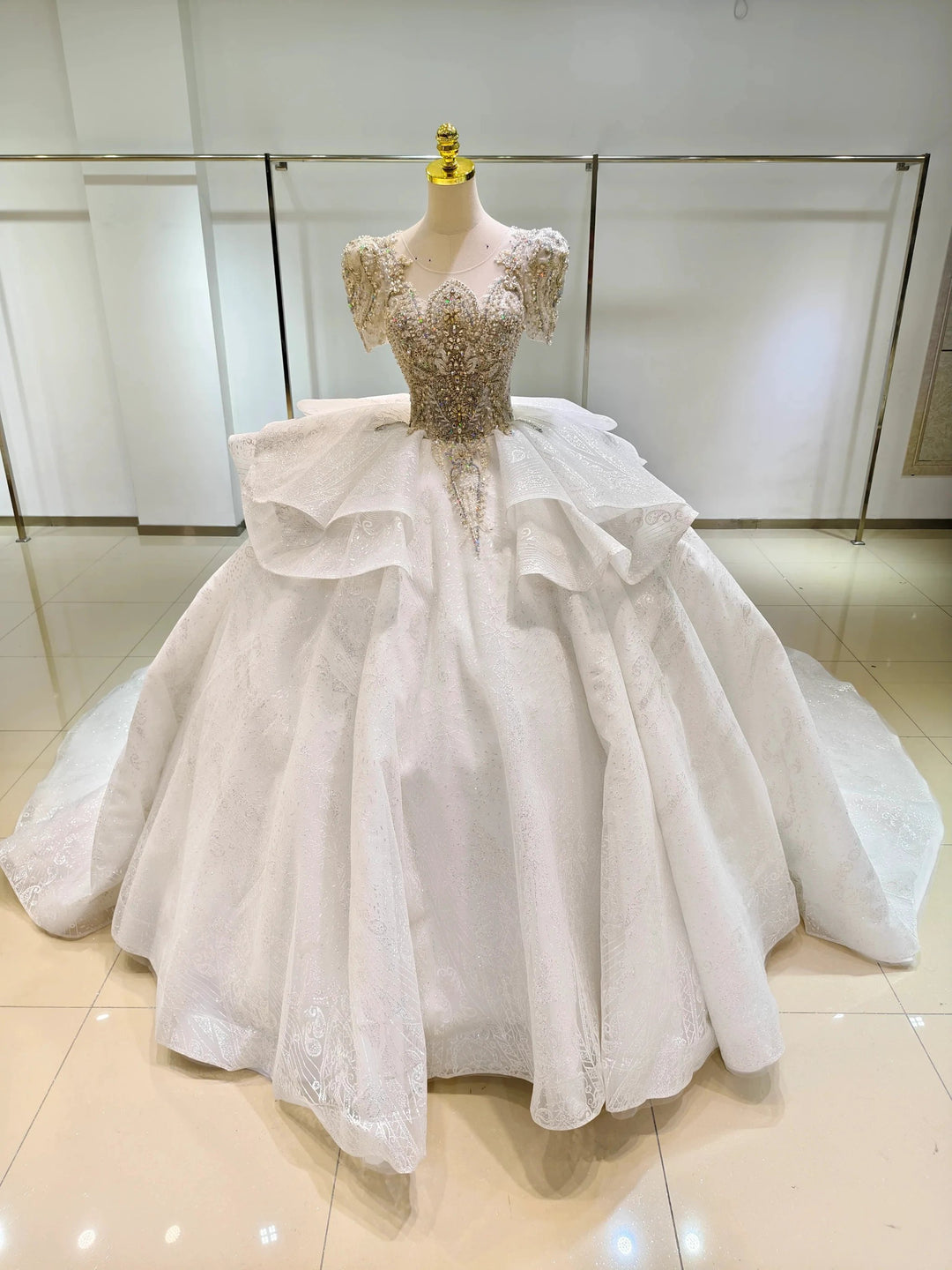 Silver Sparkle Cap-Sleeve Ballgown Beaded Bust &amp; Bow Train by ZAPDRESS