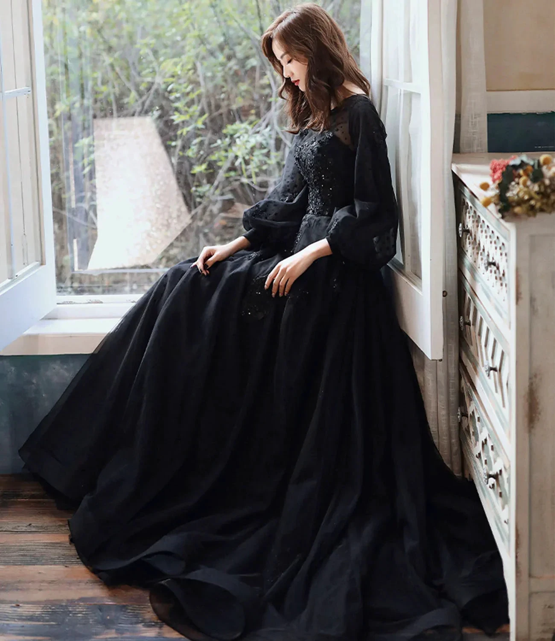 Black lace long prom dress A line evening gown Y1294 by simplepromdress
