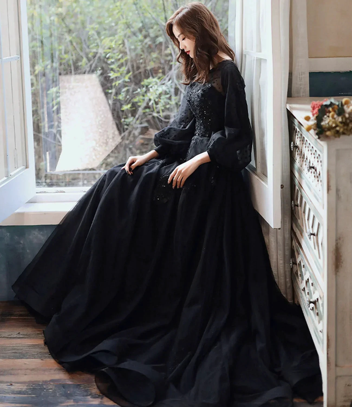Black lace long prom dress A line evening gown Y1294 by simplepromdress