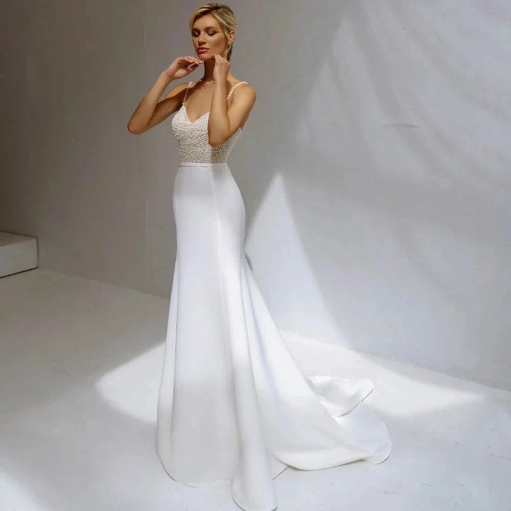 Shinning Sheath Pearl Wedding Dresses Spaghetti Strap Satiin Beads V-Neck For Women Robe De Mariée Formal Brides Gown by payinti