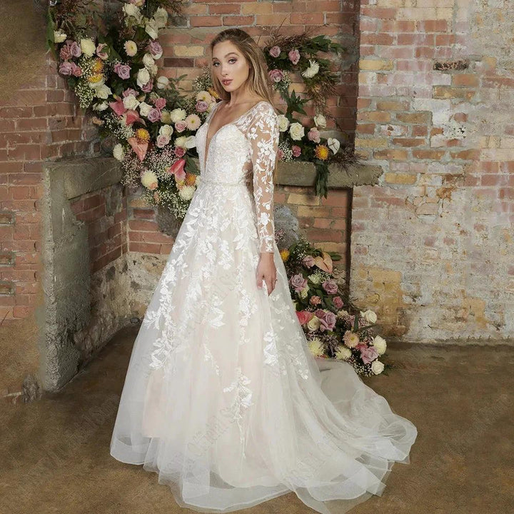 Light Champagne Modern Wedding Dresses Backless Applique Bride Gowns A-Line Tulle V-Neck Long Sleeves vestido de noiva by payinti