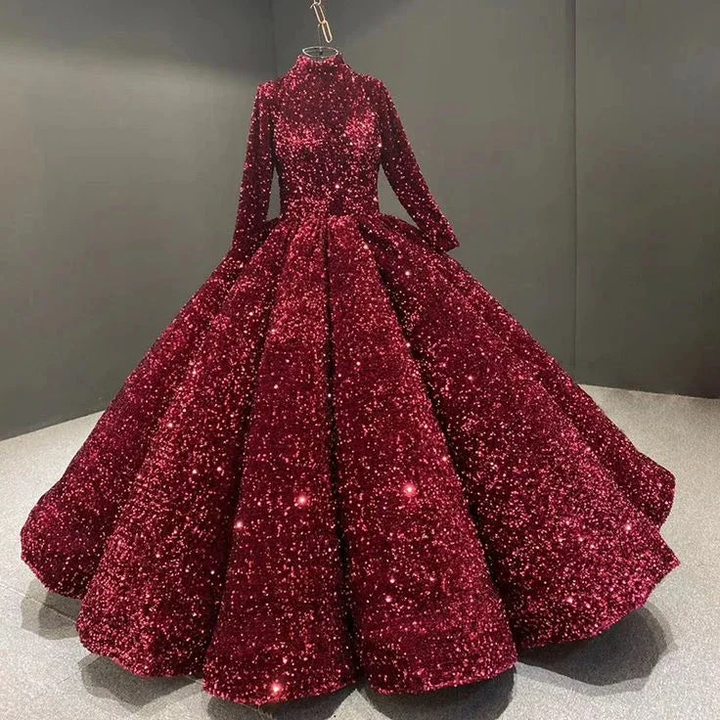 Burgundy Ball Gown Sequin Long Sleeve Quinceanera Dresses Y4442 by simplepromdress