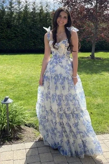 A-line Blue Floral Print Long Prom Dress Blue Evening Dress Y2560 by simplepromdress