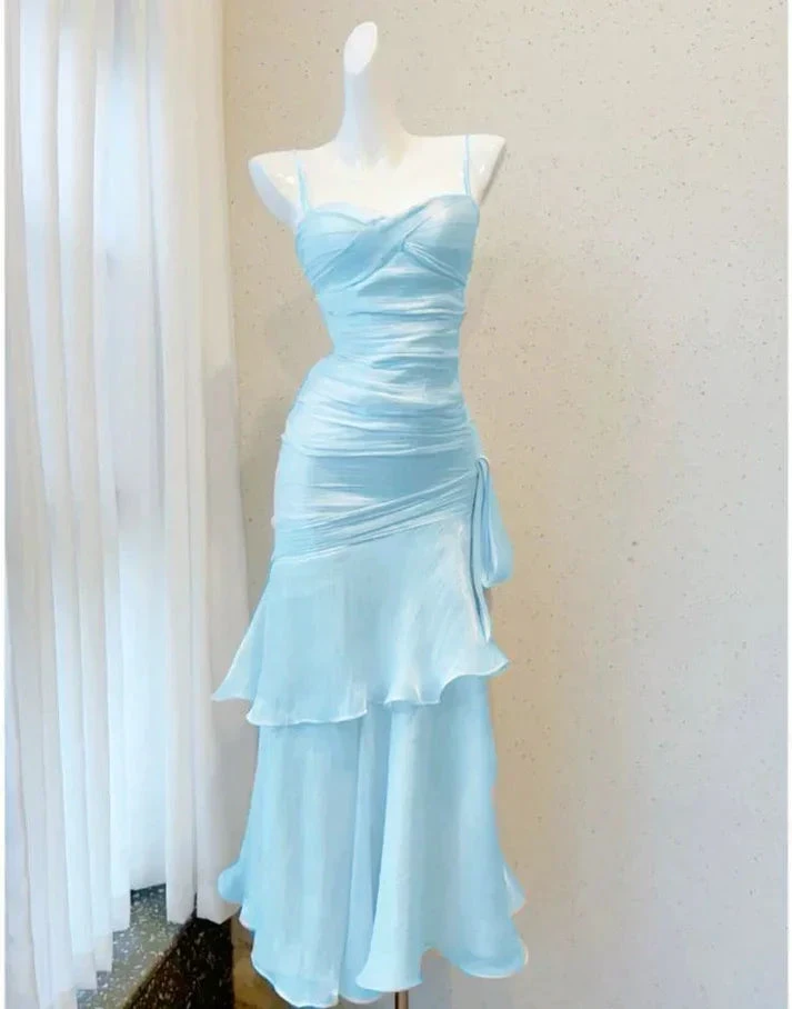 Elegant Blue Mermaid Layered Evening Dress Spaghetti Straps Prom Dress Y8066 by simplepromdress