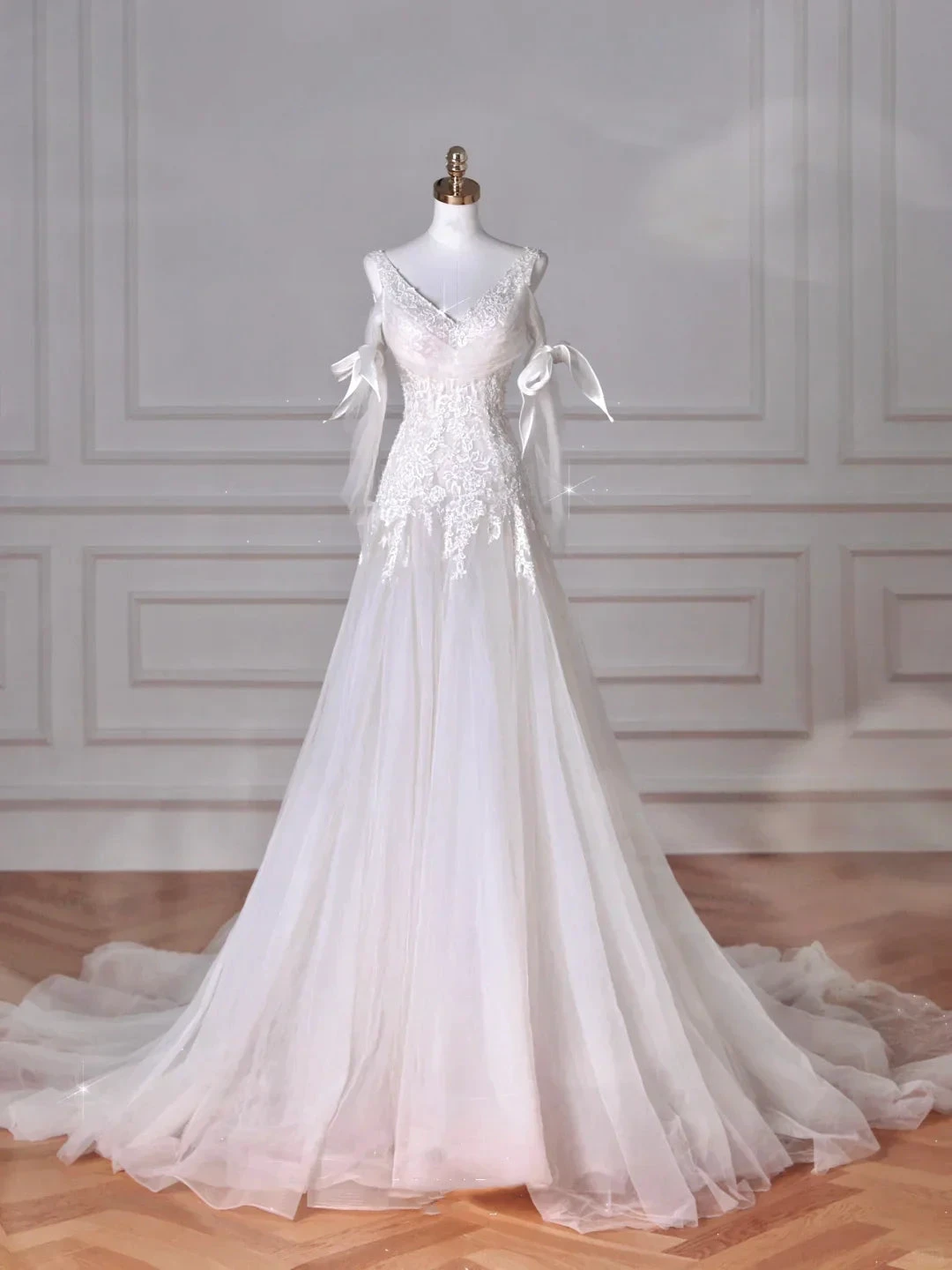 Fairy White V Neck Tulle Lace Appliques Mermaid Evening Dress,Long Wedding Dress Y8636 by simplepromdress