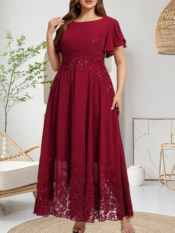 Abito da madre della sposa in chiffon di pizzo con scollo a U, lunghezza alla caviglia, linea a trapezio, con paillettes