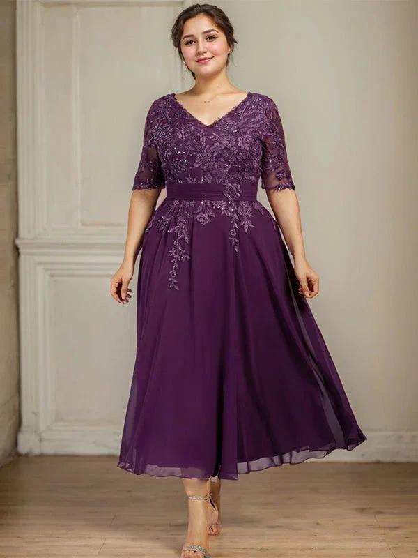 A-line V-Neck Tea-Length Lace Chiffon Mother of the Bride Dress With Sequins by Dreamylily