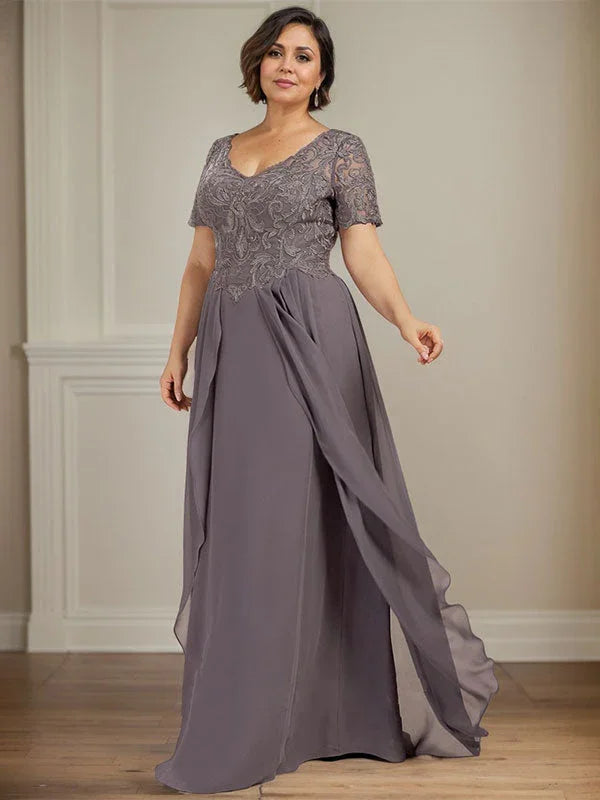 A-line V-Neck Floor-Length Chiffon Lace Mother of the Bride Dress by Dreamylily