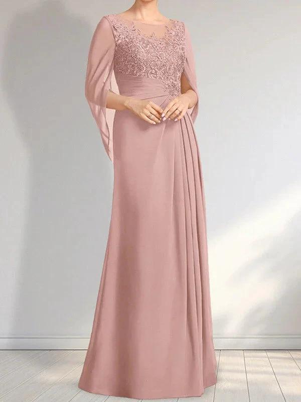 A-line Scoop Illusion Floor-Length Lace Chiffon Mother of the Bride Dress With Pleated Sequins by Dreamylily