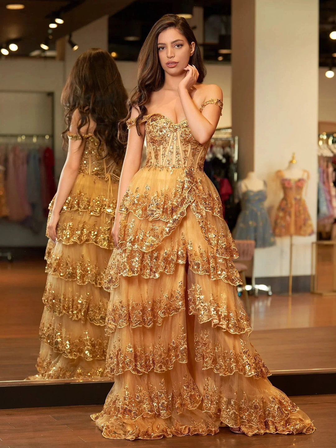 Gold Princess A Line Off the Shoulder Corset Prom Dress with Lace Ruffles by KissProm