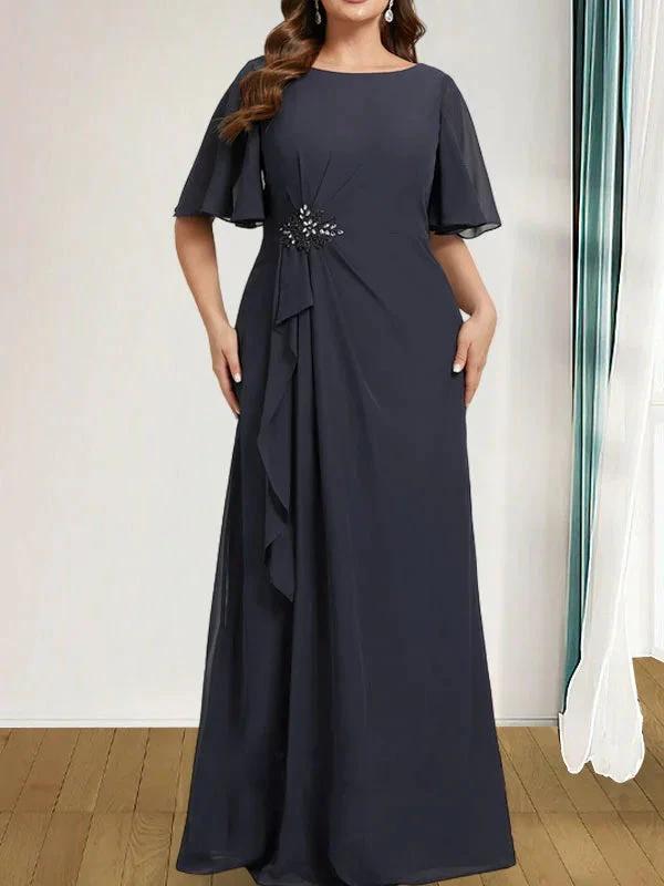 A-line Scoop Floor-Length Chiffon Mother of the Bride Dress With Cascading Ruffles Beading Sequins by Dreamylily