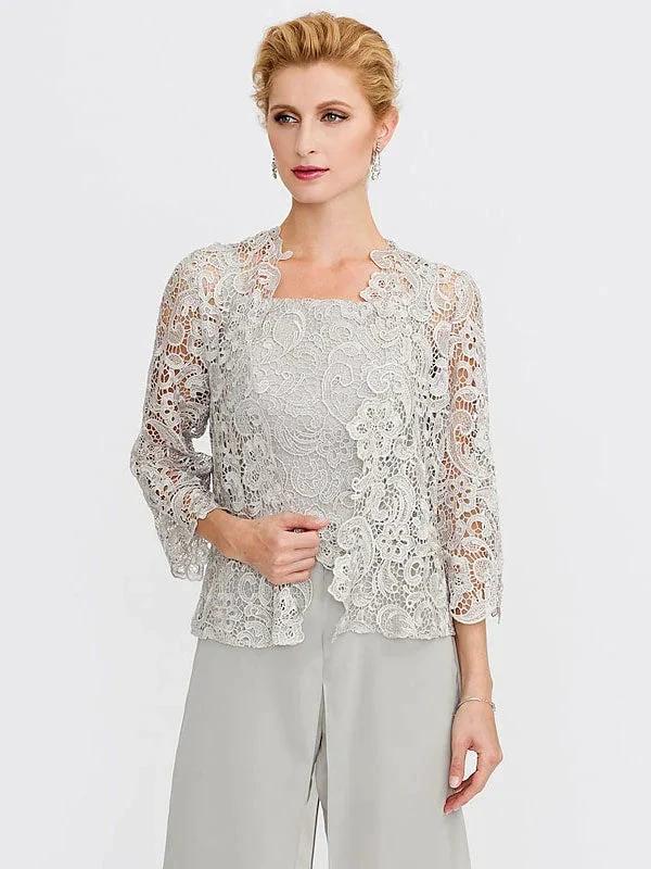 3 Piece Chiffon Square Neck Mother of the Bride Pantsuits with Jacket by Dreamylily