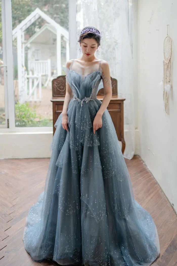 Blue Tulle Beaded Long A-Line Prom Dress, Blue Formal Evening Gown Y1579 by simplepromdress