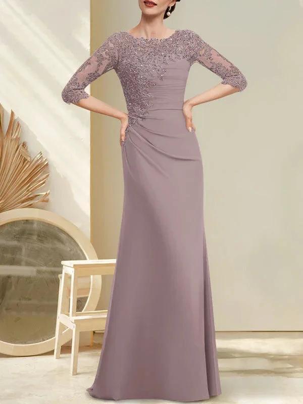 A-line Scoop Floor-Length Chiffon Lace Mother of the Bride Dress With Beading Pleated Sequins by Dreamylily