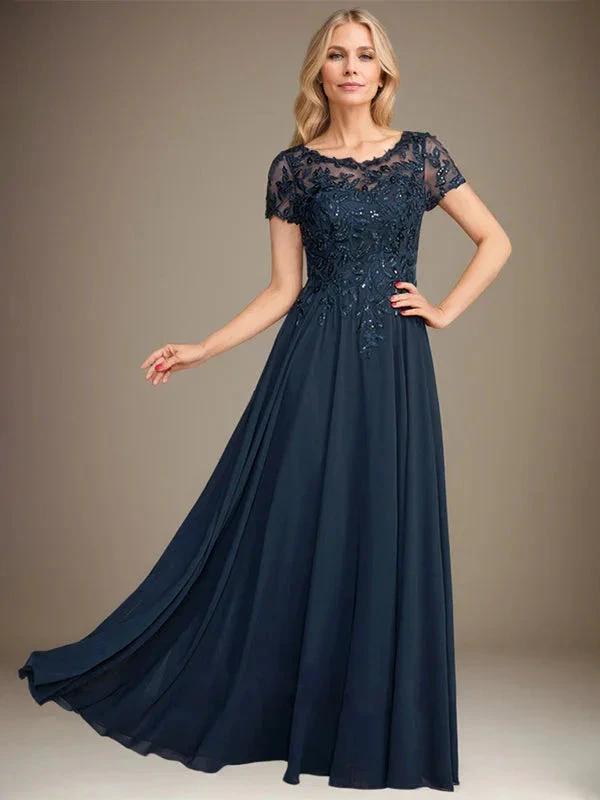 A-Line Scoop Floor-Length Chiffon Mother of the Bride Dress With Applique &amp; Sequins by Dreamylily
