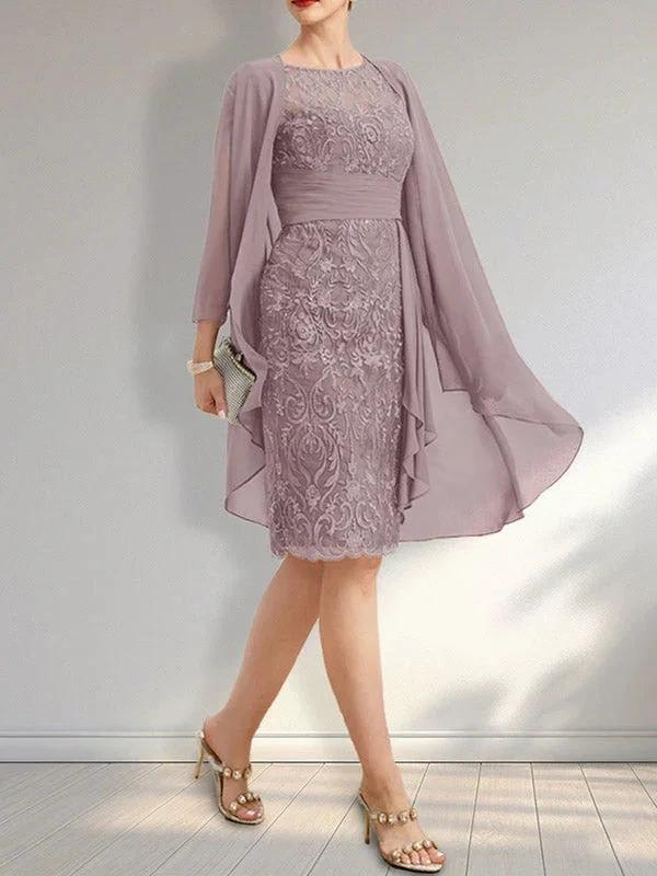 Sheath Scoop Illusion Knee-Length Lace Chiffon Mother of the Bride Dress With Cascading Ruffles Sequins by Dreamylily