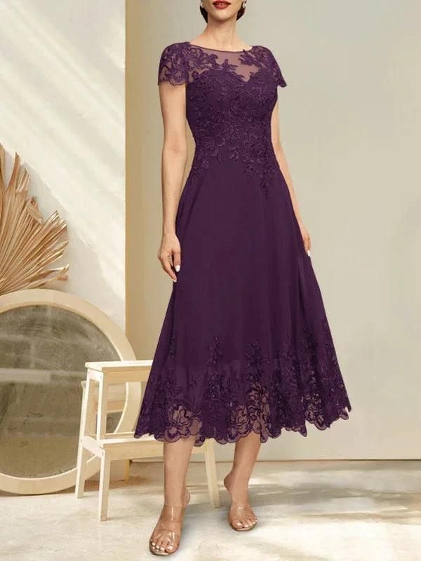 A-line Illusion Scoop Tea-Length Lace Chiffon Mother of the Bride Dress With Sequins by Dreamylily
