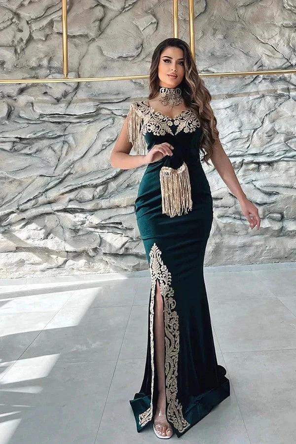 Elegant Off The Shoulder V-Neck Mermaid Evening Dress with Applique by BIZTUNNEL