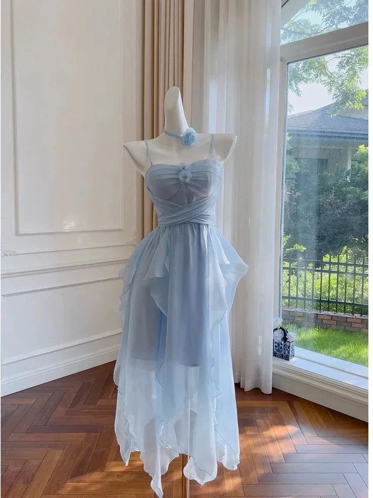 Elegant Spaghetti Straps Blue Chiffon Homecoming Dress Birthday Dress Y7573 by simplepromdress