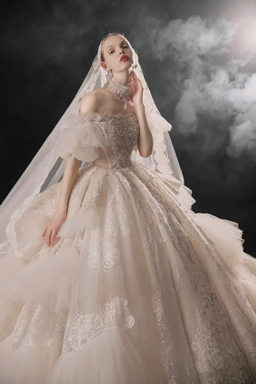 Opulent Off-the-Shoulder Ball Gown Tulle Puff Sleeve Beaded Lace Wedding Dress with Layered Ruffled Train &amp; Choker Q6001 by ZAPDRESS
