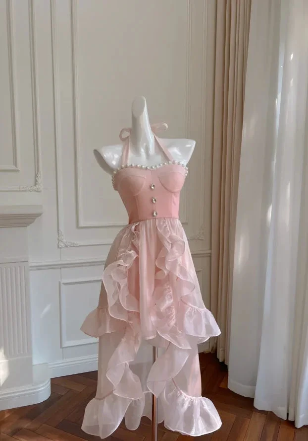 Simple Halter Pink Tulle Pearls Beaded High-Low Ruffles Homecoming Dress Party Dress Y8582 by simplepromdress
