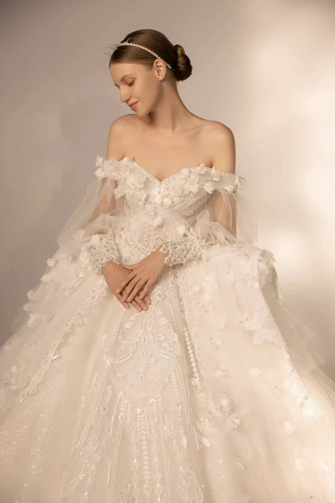 Gorgeous Long Ball Gown Off-the-Shoulder Tulle Wedding Dress with 3D Floral &amp; Crystal Embroidery &amp; Cathedral Train H009 by ZAPDRESS