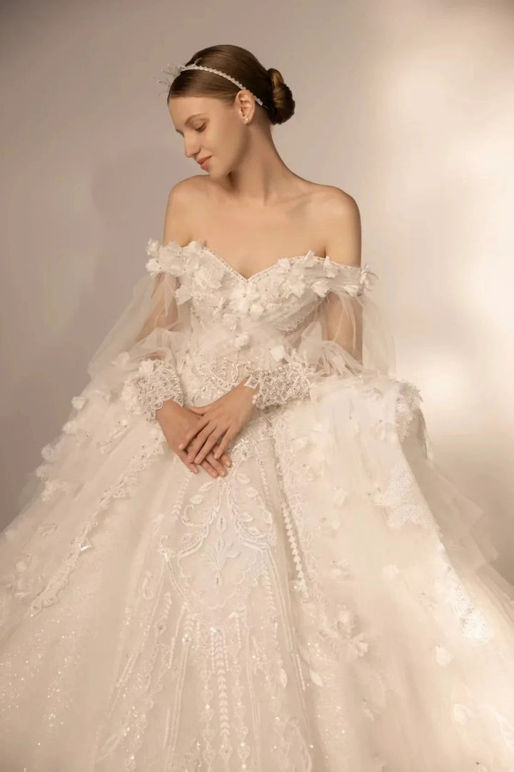 Gorgeous Long Ball Gown Off-the-Shoulder Tulle Wedding Dress with 3D Floral &amp; Crystal Embroidery &amp; Cathedral Train H009 by ZAPDRESS