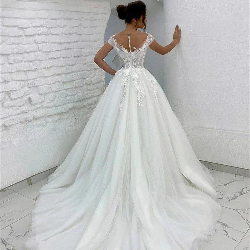 Princess Lace Tulle A Line Wedding Dress Sweetheart Cap Sleeve 3D Appliques Boho Bridal Gowns For Woman Button Vestidos De Novia by payinti