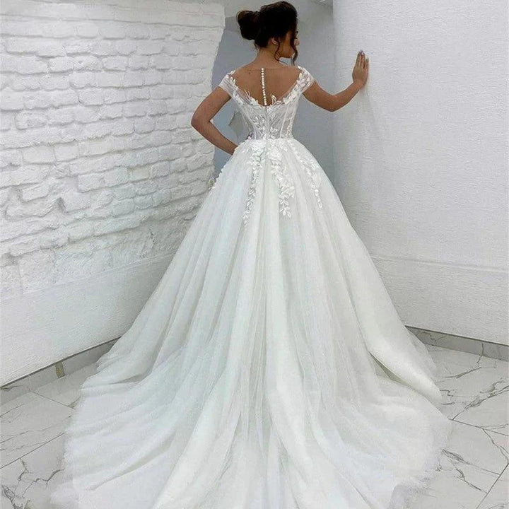 Princess Lace Tulle A Line Wedding Dress Sweetheart Cap Sleeve 3D Appliques Boho Bridal Gowns For Woman Button Vestidos De Novia by payinti
