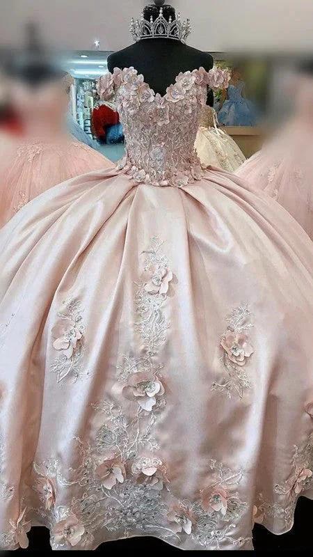 Off The Shoulder Pink Ball Gown With 3D Flowers Quinceanera Dress Pink Sweet 16 Dress Y714 by simplepromdress