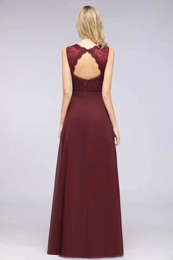 A-Line Chiffon Lace V-Neck Sleeveless Floor-Length Bridesmaid Dresses with Ruffles by misshow.com