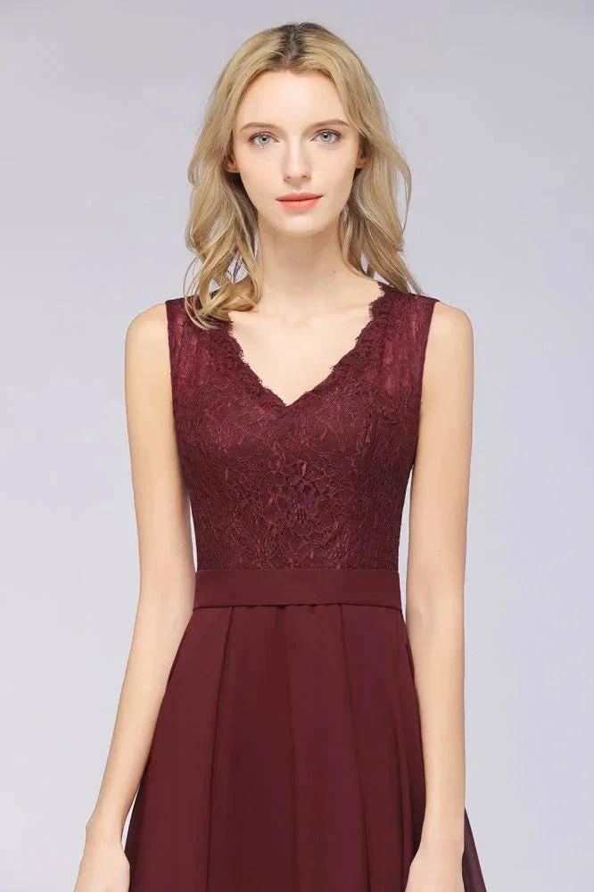 A-Line Chiffon Lace V-Neck Sleeveless Floor-Length Bridesmaid Dresses with Ruffles by misshow.com